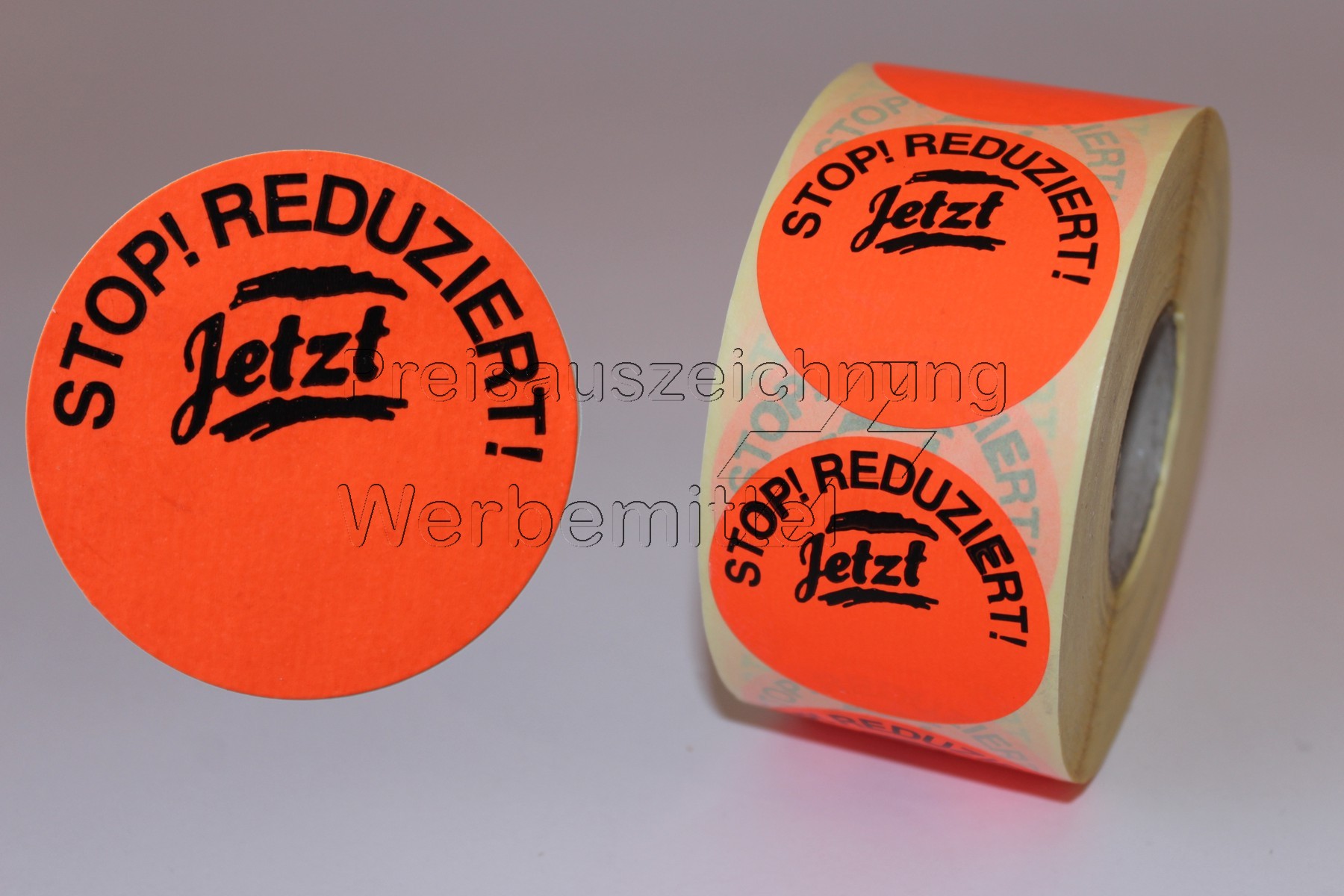 leuchtrot Aufdruck /'Stop!Reduziert/' 1000 Aktionsetiketten 32mm Rundetiketten